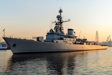 Obraz premium Naval ship docked at sunset, showcasing maritime presence.