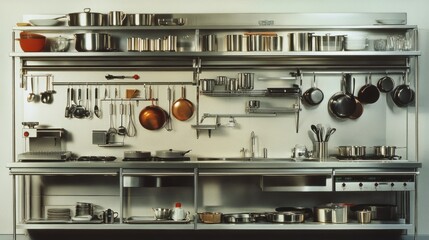 A clean and organized stainless steel kitchen with a focus on hanging pots, open shelving, and state-of-the-art appliances.
