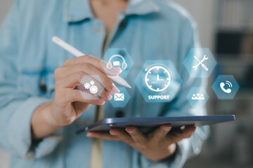 Technical Support Center Customer Service Internet Business Technology Concept. online technical support, and customer service 24-7 nonstop. Business people using laptop with helpdesk icon on screen.