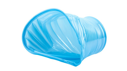 Crushed, damaged, discarded blue empty plastic cups, objects isolated on white background, cut out. Used plastic beverage cup trash, throwing away used plastic water cups, garbage, rubbish concept