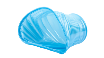Crushed, damaged, discarded blue empty plastic cups, objects isolated on white background, cut out. Used plastic beverage cup trash, throwing away used plastic water cups, garbage, rubbish concept