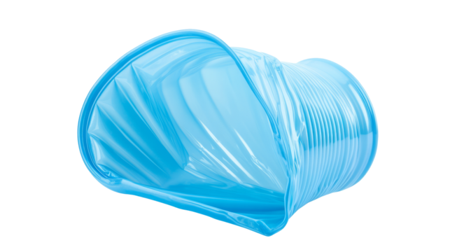 Crushed, damaged, discarded blue empty plastic cups, objects isolated on white background, cut out. Used plastic beverage cup trash, throwing away used plastic water cups, garbage, rubbish concept