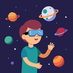 Naklejka premium AR glasses, augmented reality, 3D solar system, kids learning, interactive learning, educational tech, immersive learning, planets exploration, AR education, child learning, augmented reality model, A