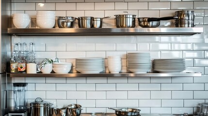 A close-up of industrial-grade stainless steel shelves and a tiled wall backdrop, highlighting a professional kitchen setup