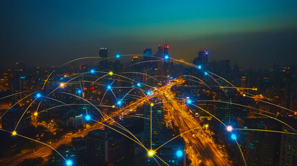 Smart digital city with connection cyber security network reciprocity over the cityscape . future smart wireless digital city and social media networking systems that connects people within the city