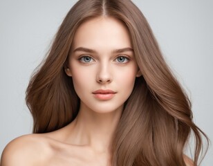 Naklejka premium Portrait of a beautiful young woman with clean, fresh skin and long, thick hair. ai generator