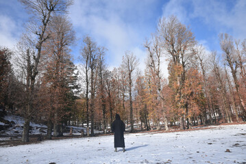 Walking in snow during snowstorm in snow mountain in winter, Adventurer man walking in the forest...