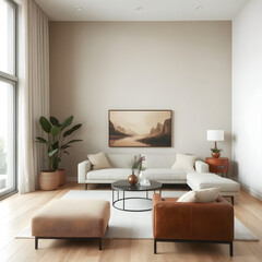 Fototapeta premium Create a minimalist living room with a touch of modern elegance. Incorporate warm earth tones such as rich red, creamy beiges, and soft greens. Mix different textures like plush velvet, circuit board 