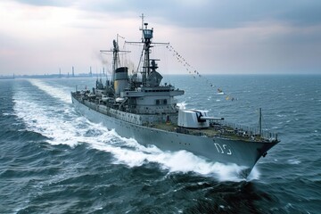 Naval ship navigating through the ocean waves.
