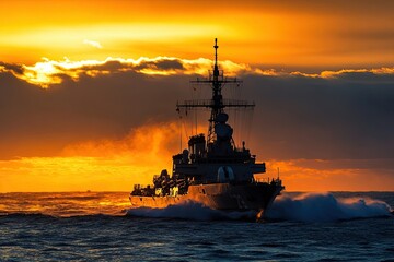 Naval ship navigating through waves at sunset.