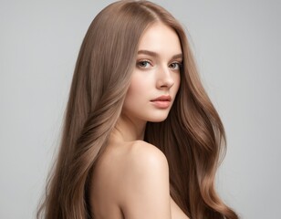 Portrait of a beautiful young woman with clean, fresh skin and long, thick hair. ai generator