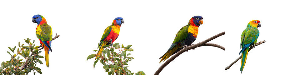 Obraz premium set of A parrot with feathers sitting on a tree branch, a parrot with feathers on a tree branch, a parrot holding a tree branch, colorful parrot sitting on a tree branch, on a transparent backgrounds
