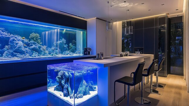 A contemporary kitchen with an aquarium doubling as a decorative element and lighting feature, enhancing its elegance.