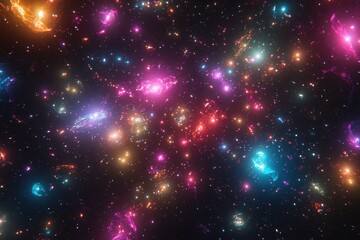 Vibrant nebula with colorful glowing gas clouds and stars.