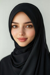Naklejka premium Woman wearing a black hina headscarf, sitting on a sandy beach at sunset, gazing at the ocean's horizon with a contemplative expression.