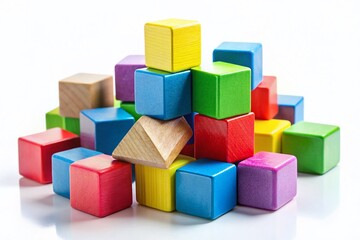 Colorful Wooden Building Blocks Isolated on White Background - Clipping Path Included