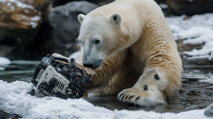 Polar Bear Investigates Robotic Device in Snowy Habitat