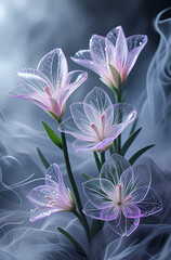 Fototapeta premium A beautiful spectrum of Alstroemerias flowers with delicate, translucent petals illuminated by soft light. Created with generative AI