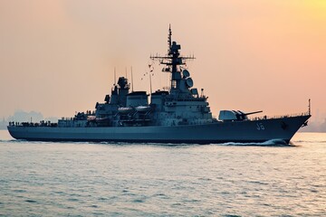 Naval warship sailing in calm waters at sunset.