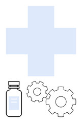 Blue cross with medicine bottle and gears representing healthcare and technology integration. Ideal for medical technology, healthcare advancement, pharmaceutical development, hospital management