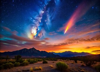 Fototapeta premium Comet Falling Over Dramatic Landscape - Night Sky Stock Photo