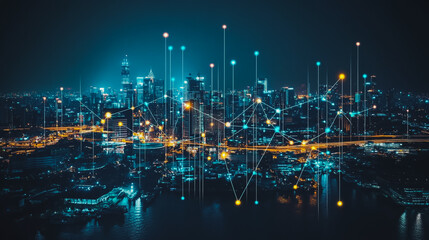 Smart digital city with connection cyber security network reciprocity over the cityscape . future smart wireless digital city and social media networking systems that connects people within the city