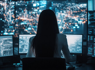 Cyber security analyst analyzing AI risks and threats in tech center.