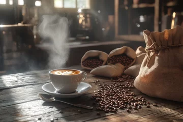 Steaming latte art coffee cup on rustic wooden table with burlap sacks of coffee beans.