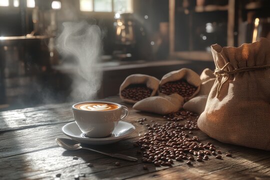 Steaming latte art coffee cup on rustic wooden table with burlap sacks of coffee beans.