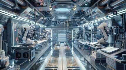 Fototapeta premium A futuristic robotics lab with advanced machinery and automation technology.