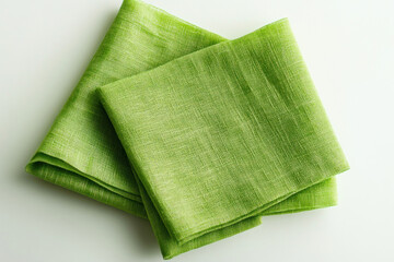 Green napkin on white surface with fork and knife. Vibrant colors and elegant arrangement suggest a formal dining setting.