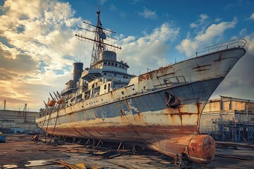 Rusty ship in dry dock under a dramatic sky.