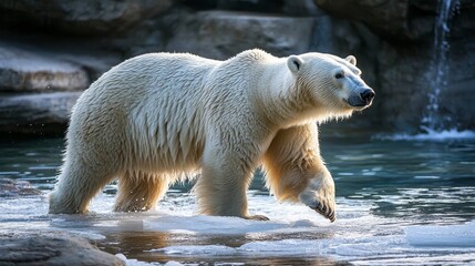Polar Bear Walking in Rocky Zoo Habitat