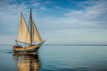 Naklejka premium Sailboat gliding across calm waters under a blue sky.