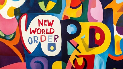 painting illustration, word " NEW WORLD ORDER " in colorful bright free shape design, cheerful and fun vibes