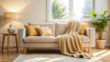 Cozy Beige Sofa in Minimalist Living Room - Stock Photo
