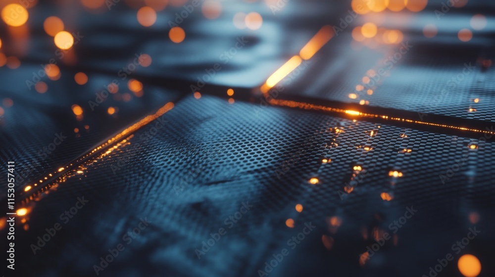 Poster abstract dark blue textured surface with glowing orange lines and bokeh.