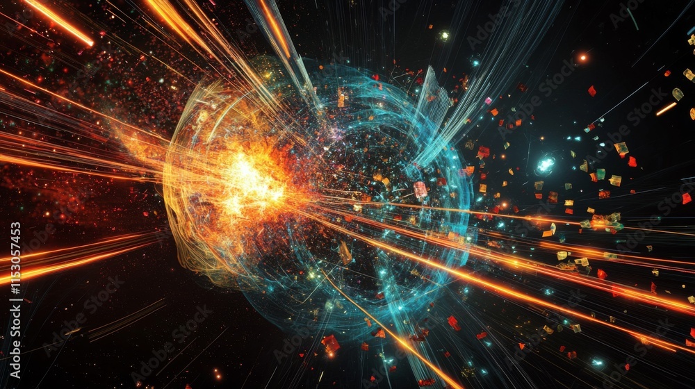 Poster Abstract cosmic explosion with energy streams and particles.