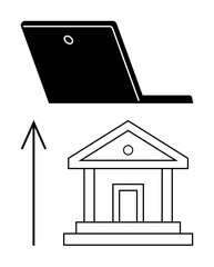 Laptop screen, upward arrow, and bank building icon. Ideal for financial growth, online banking, investing, digital finance, economic progress fintech business strategies. Line metaphor