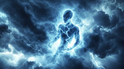 Fototapeta premium A human-shaped figure radiating stormy lightning energy, surrounded by swirling black clouds and illuminated by bright flashes 