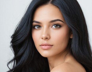 Obraz premium Portrait of a beautiful young woman with clean, fresh skin and long, thick black hair. ai generator