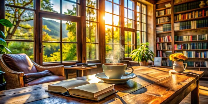 Cozy Coffee Shop Interior: Books, Coffee, and Warm Lighting