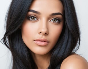 Obraz premium Portrait of a beautiful young woman with clean, fresh skin and long, thick black hair. ai generator