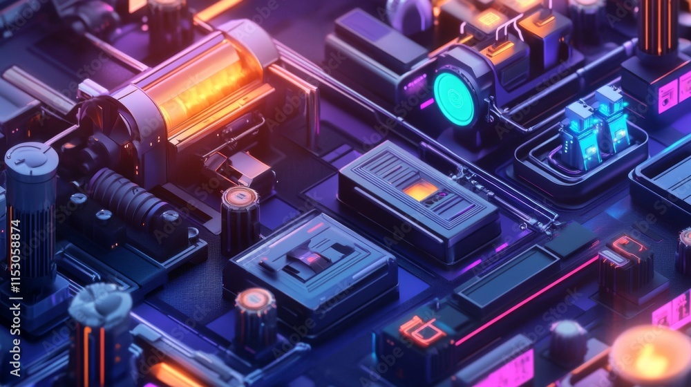 Poster abstract futuristic technology background with glowing neon elements and complex machinery.