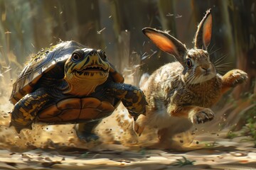Fototapeta premium A turtle and a rabbit race through a sunlit forest, showcasing the beauty of wildlife and nature's dynamic interactions.