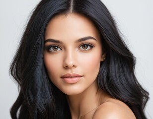 Fototapeta premium Portrait of a beautiful young woman with clean, fresh skin and long, thick black hair. ai generator