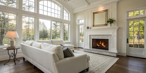 Cozy Living Room: White Sofa by Fireplace - Panoramic Interior Design Stock Photo