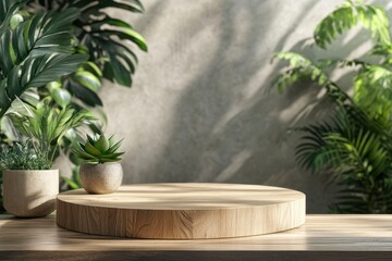 Wooden product display podium with nature green plants in pots leaves background. 3D rendering 