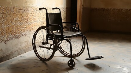Empty wheelchair resting silently on a nostalgic hospital corridor, evoking thoughts of healing, resilience, and the passage of time in a place of care and recovery