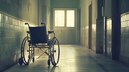 Empty wheelchair resting silently on a nostalgic hospital corridor, evoking thoughts of healing, resilience, and the passage of time in a place of care and recovery
